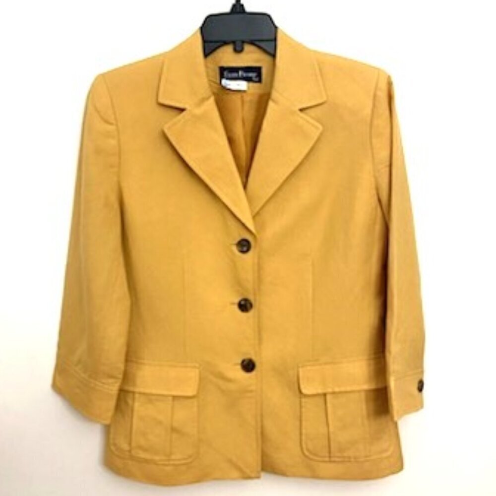 Evan Picone Blazer Jacket Women's Sz 8 Mustard Yellow 3/4 Sleeves Linen Blend